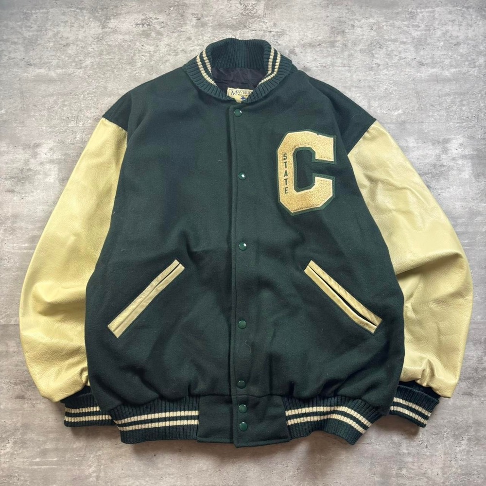 Maverick Varsity Jacket Mens XL Green Colorado State Leather Wool Vintage 90s